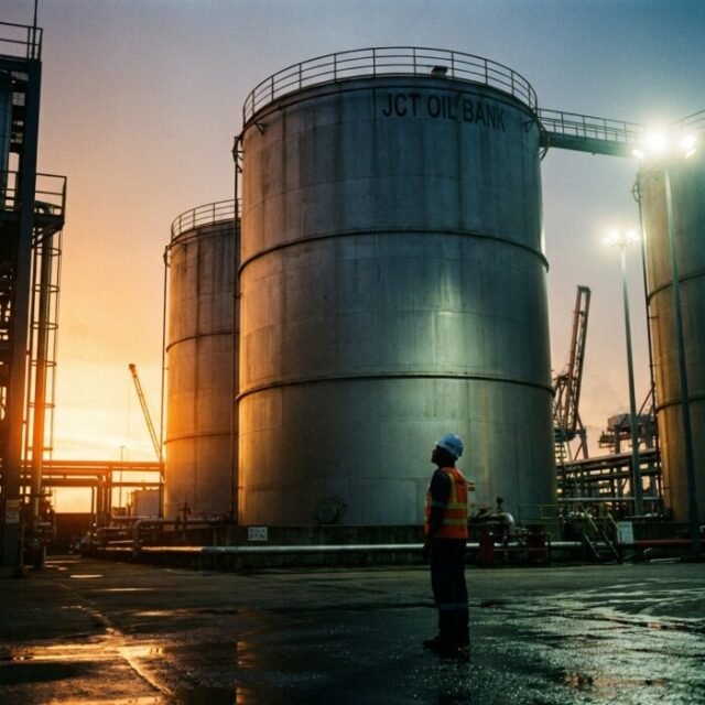 Oil Storage Tanks at Dusk