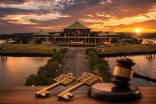 Sri Lankan Parliament Sunset with Symbolic Foreground
