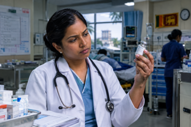 Doctor Examining a Medical Vial in Hospital Ward