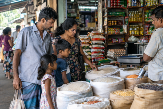 Family Choosing Rice at a Busy Market Shop